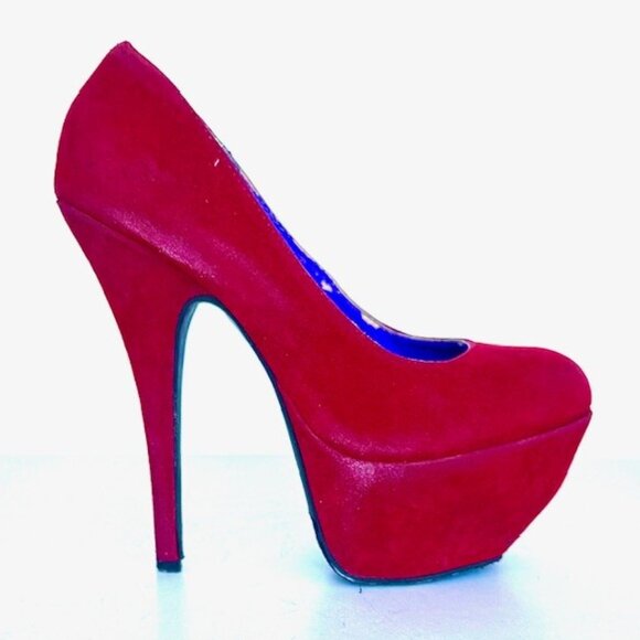 DOLLHOUSE 6 Inch Heels Size 5.5, Red Suede Platform Pumps - Picture 2 of 12
